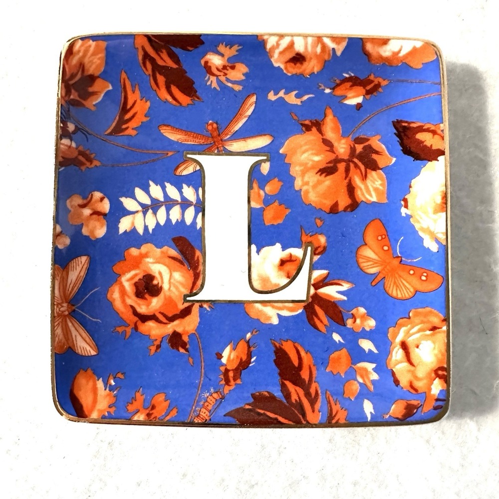 Anthropologie Monogramed Floral Ceramic Trinket Dish Letter L Blue Orange Square